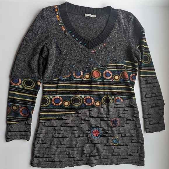 Women's Linea Domani Gray Contrast Beaded Patterned V-Neck Tunic Sweater Size L - Picture 3 of 13